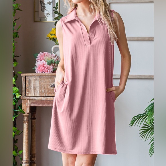 HEIMISH USA Dresses & Skirts - NWT Heimish PLUS + REG Size Pink Ribbed Johnny Collar Sleeveless Polo Dress